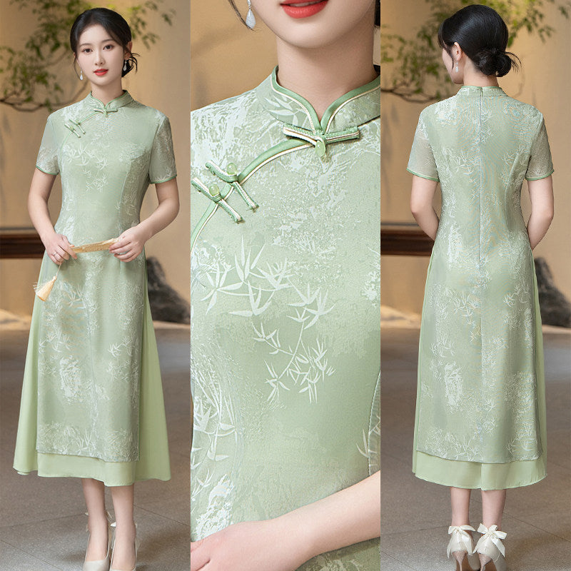 Green Botanical Qipao Dress | Neo-Chinese Cheongsam, Elegant A-Line Midi Dress, Nature-Inspired Occasion Wear