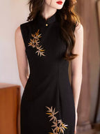 Midnight Bamboo Embroidered Cheongsam Dress | Sleek Black Qipao, Modern New Chinese Style