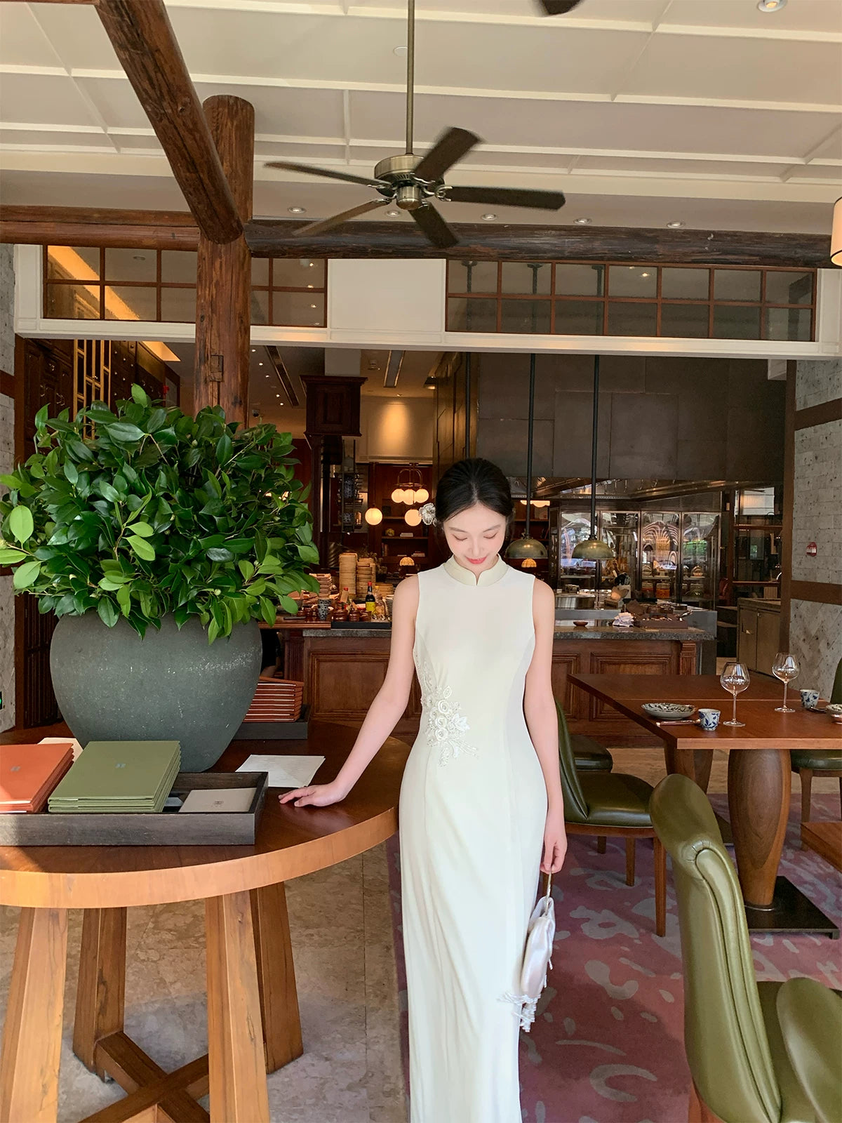 Ivory Lotus Embroidered Cheongsam Dress | Minimalist Qipao Gown, Elegant New Chinese Style