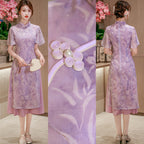 Light Purple Botanical Qipao Dress | Neo-Chinese Cheongsam, Elegant A-Line Midi Dress, Nature-Inspired Occasion Wear (Copy) (Copy) (Copy)