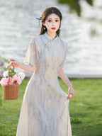 Light Blue Floral Cheongsam Dress – Neo-Oriental Midi Qipao, Elegant Summer Garden Party Dress