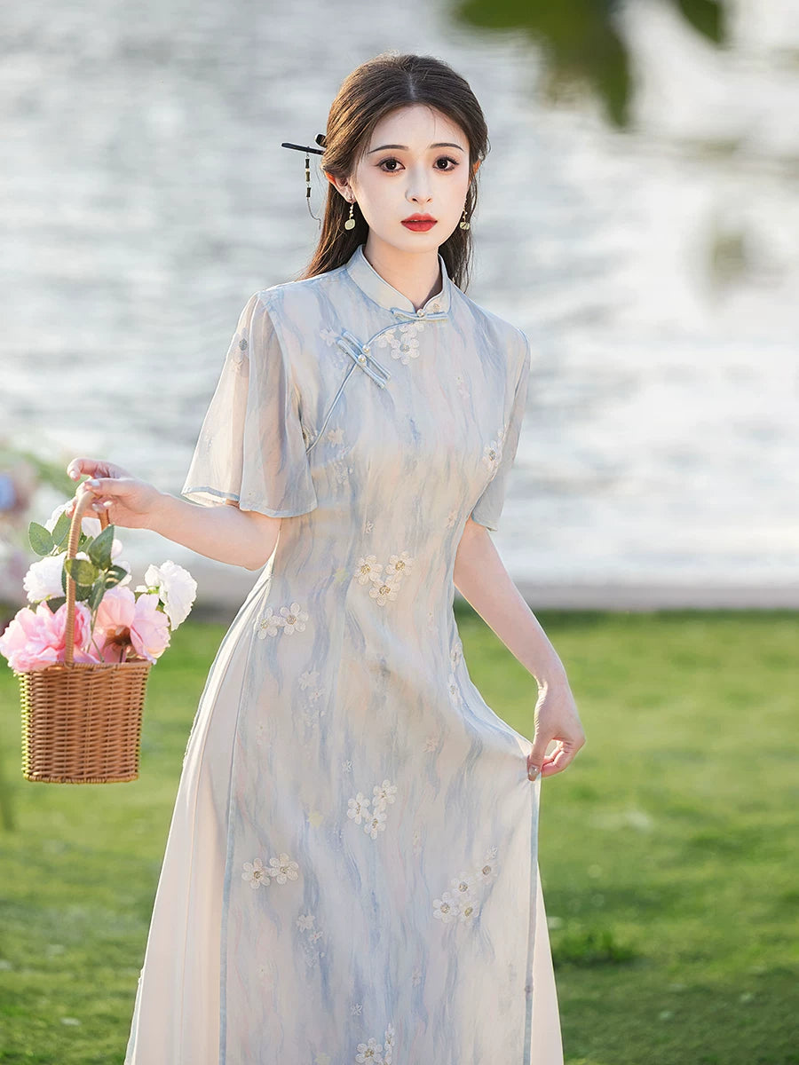 Light Blue Floral Cheongsam Dress – Neo-Oriental Midi Qipao, Elegant Summer Garden Party Dress