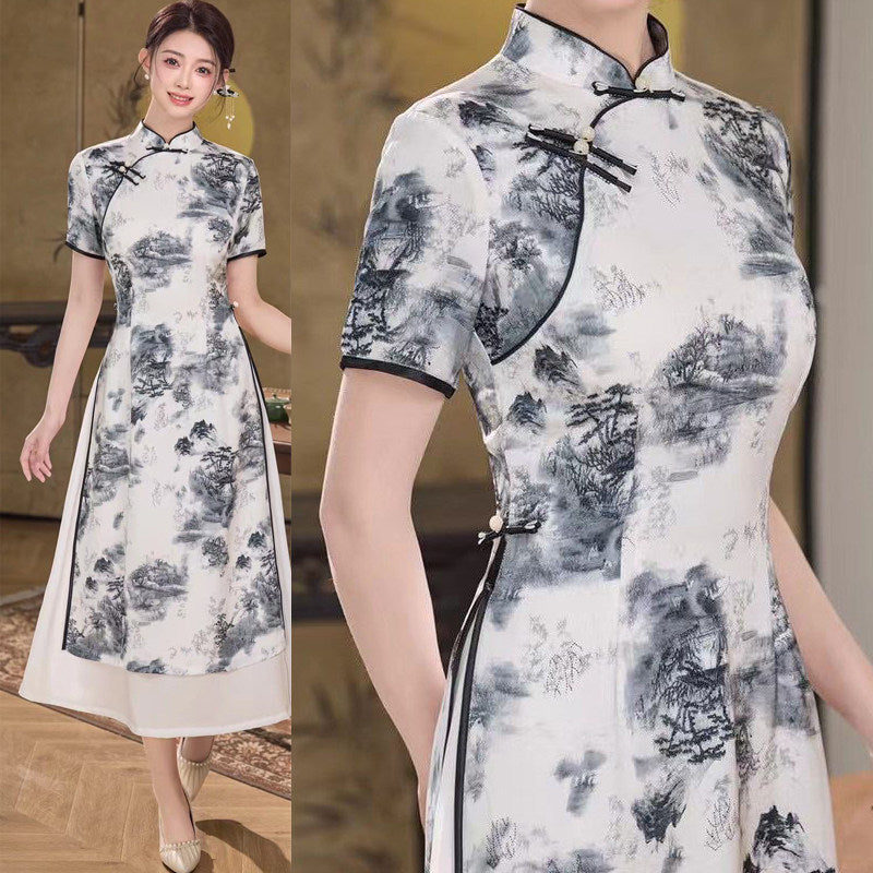 White Botanical Qipao Dress | Neo-Chinese Cheongsam, Elegant A-Line Midi Dress, Nature-Inspired Occasion Wear (Copy) (Copy)