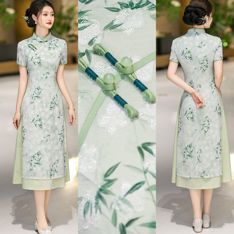 Ink Bamboo Leaf Ao Dai-Inspired Qipao Dress