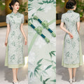 Ink Bamboo Leaf Ao Dai-Inspired Qipao Dress
