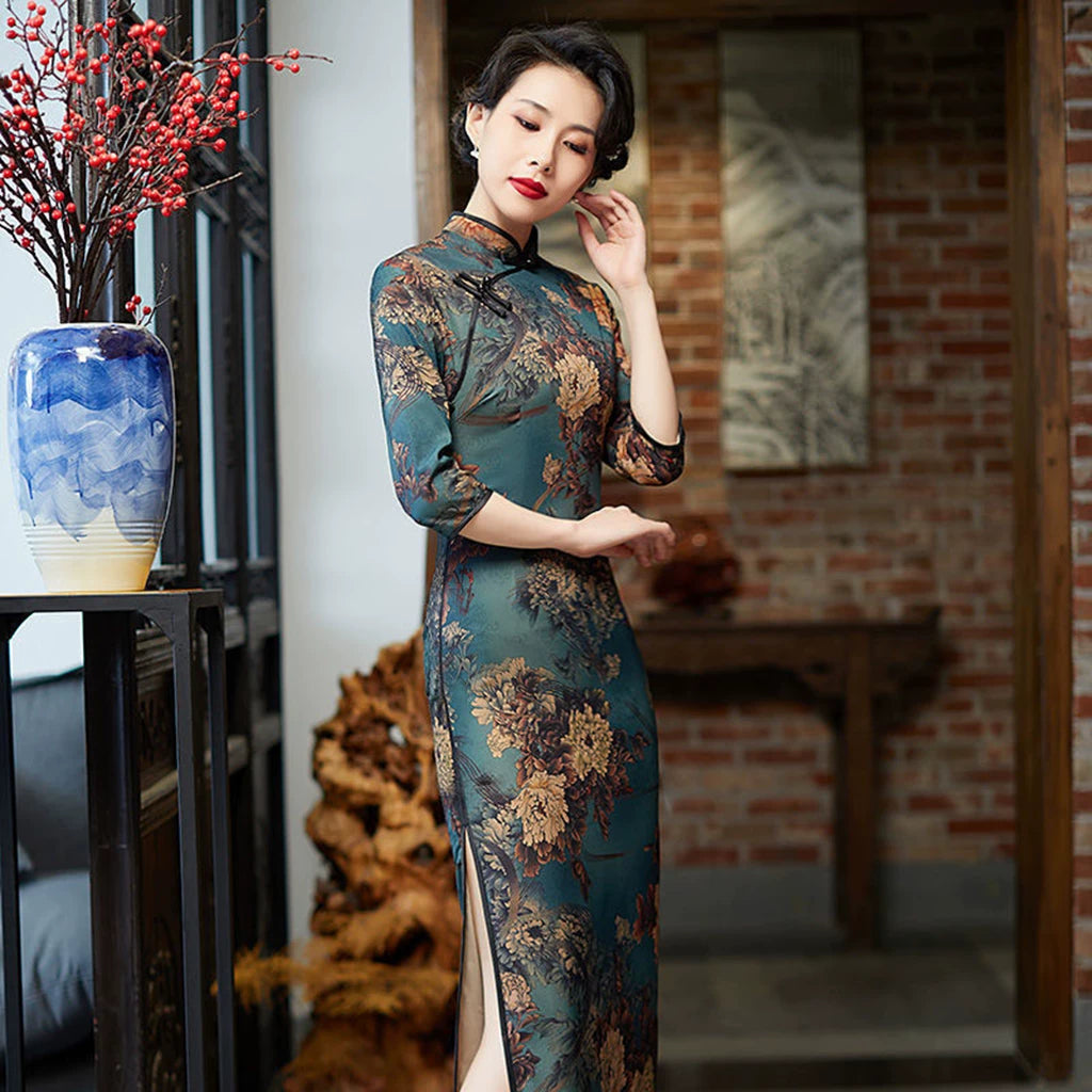 Emerald Teal Floral Brocade Qipao Dress | Neo-Chinese Cheongsam, Modern Oriental Dress, Elegant Evening / Daily Wear