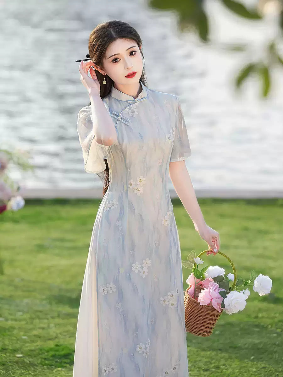 Light Blue Floral Cheongsam Dress – Neo-Oriental Midi Qipao, Elegant Summer Garden Party Dress