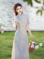 Light Blue Floral Cheongsam Dress – Neo-Oriental Midi Qipao, Elegant Summer Garden Party Dress