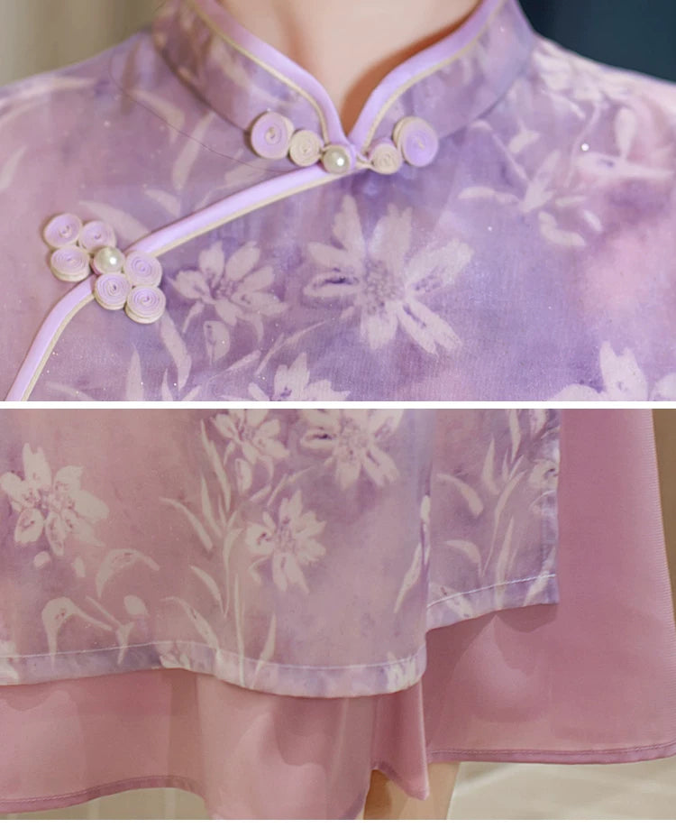 Light Purple Botanical Qipao Dress | Neo-Chinese Cheongsam, Elegant A-Line Midi Dress, Nature-Inspired Occasion Wear (Copy) (Copy) (Copy)