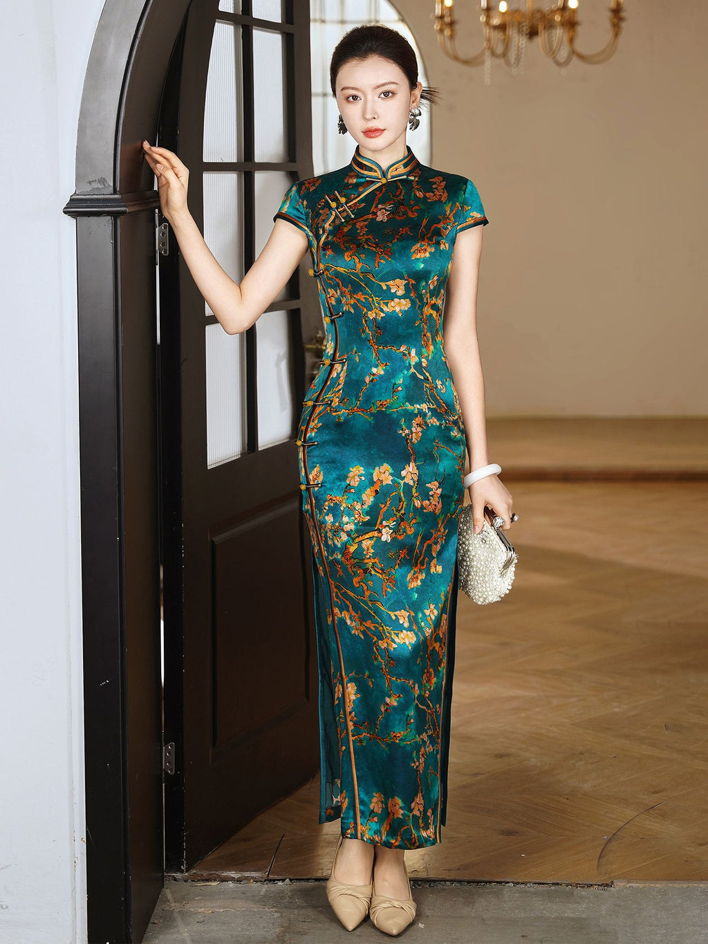 Emerald Teal Mulberry Silk Floral Branch Qipao Dress | Neo-Chinese Cheongsam, Elegant Modern Oriental Dress, Elegant Evening / Daily Wear