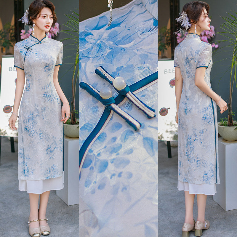 Light Blue Floral Qipao Dress | Neo-Chinese Cheongsam, Soft A-Line Midi Dress, Airy Sheer Overlay, Garden & Daywear (Copy)