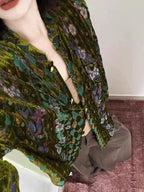 Emerald Velvet Mosaic: Lantern-Sleeve Vintage Blouse | Neo-Chinese Top, Lantern Sleeve, V-Neck, Botanical Velvet, Daily or Evening Wear