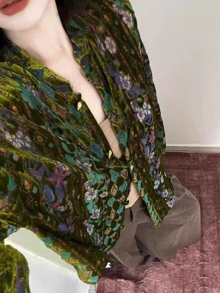 Emerald Velvet Mosaic: Lantern-Sleeve Vintage Blouse | Neo-Chinese Top, Lantern Sleeve, V-Neck, Botanical Velvet, Daily or Evening Wear