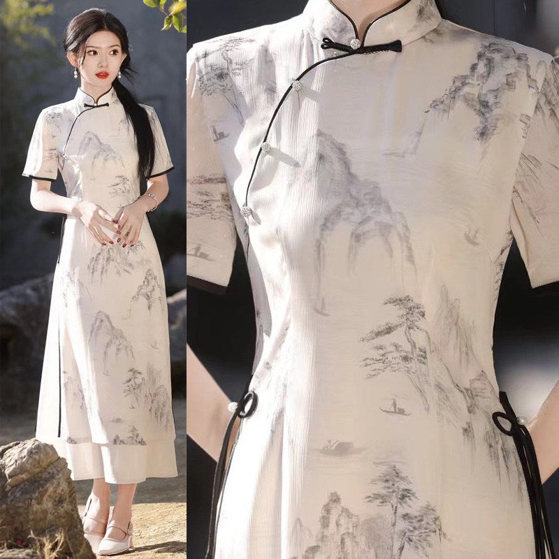 White Botanical Qipao Dress | Neo-Chinese Cheongsam, Elegant A-Line Midi Dress, Nature-Inspired Occasion Wear (Copy) (Copy)
