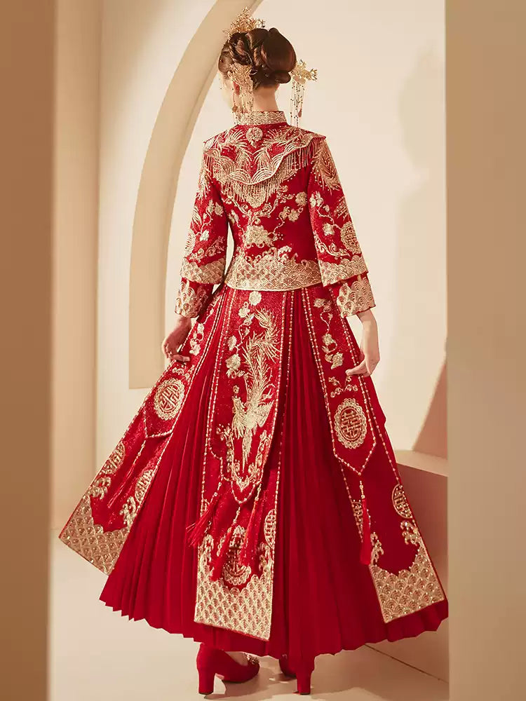 Long Red Phoenix Embroidered Two-Piece Wedding Qipao Set | Neo-Chinese Cheongsam, Modern Bridal Dress, Traditional Wedding & Engagement Wear