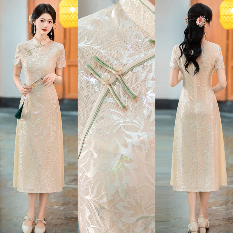 Apricot Floral Jacquard Ao Dai-Inspired Qipao Dress