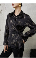 Neo-Oriental Ink Floral Wrap Blouse – Elegant Black Satin Top, Modern Chinese Style Shirt