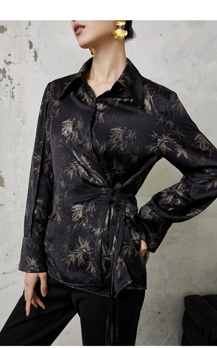 Neo-Oriental Ink Floral Wrap Blouse – Elegant Black Satin Top, Modern Chinese Style Shirt