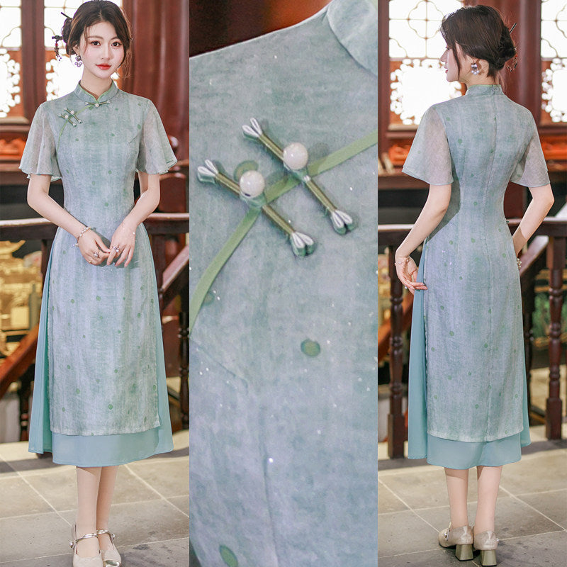 Light Blue Floral Qipao Dress | Neo-Chinese Cheongsam, Soft A-Line Midi Dress, Airy Sheer Overlay, Garden & Daywear (Copy)