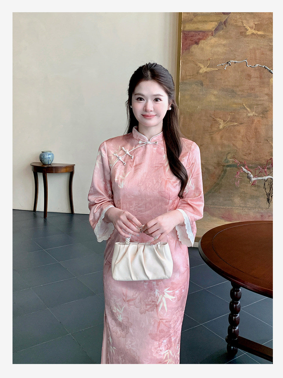 Blush Bamboo Botanical Qipao Dress | Neo-Chinese Cheongsam, Long Sleeve, Elegant Daily Wear, Botanical Motif