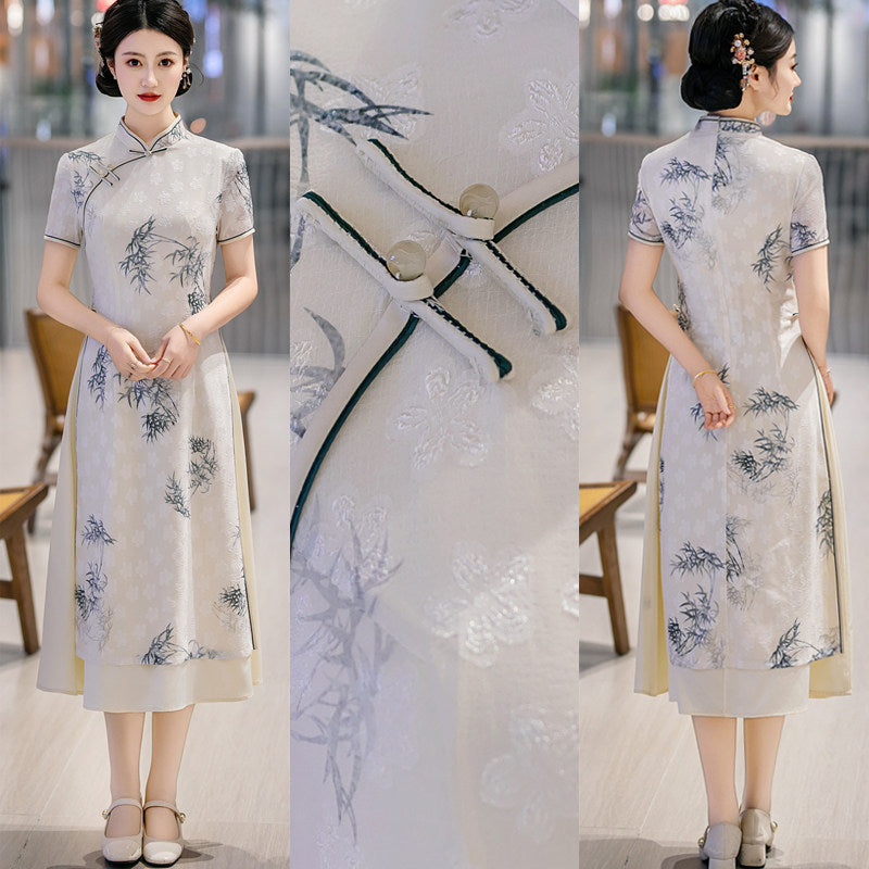 White Botanical Qipao Dress | Neo-Chinese Cheongsam, Elegant A-Line Midi Dress, Nature-Inspired Occasion Wear (Copy) (Copy)