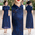 Blue Floral Qipao Dress | Neo-Chinese Cheongsam, Soft A-Line Midi Dress, Airy Sheer Overlay, Garden & Daywear