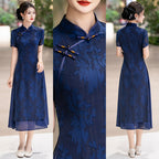 Blue Floral Qipao Dress | Neo-Chinese Cheongsam, Soft A-Line Midi Dress, Airy Sheer Overlay, Garden & Daywear