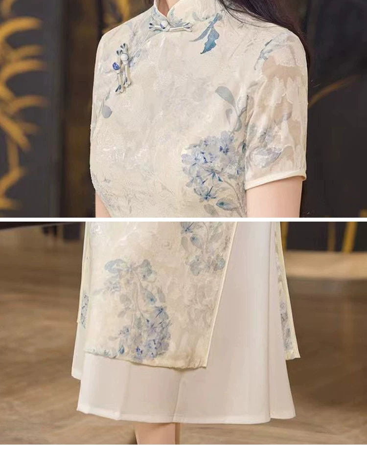 Yellow Botanical Qipao Dress | Neo-Chinese Cheongsam, Elegant A-Line Midi Dress, Nature-Inspired Occasion Wear (Copy) (Copy) (Copy) (Copy)