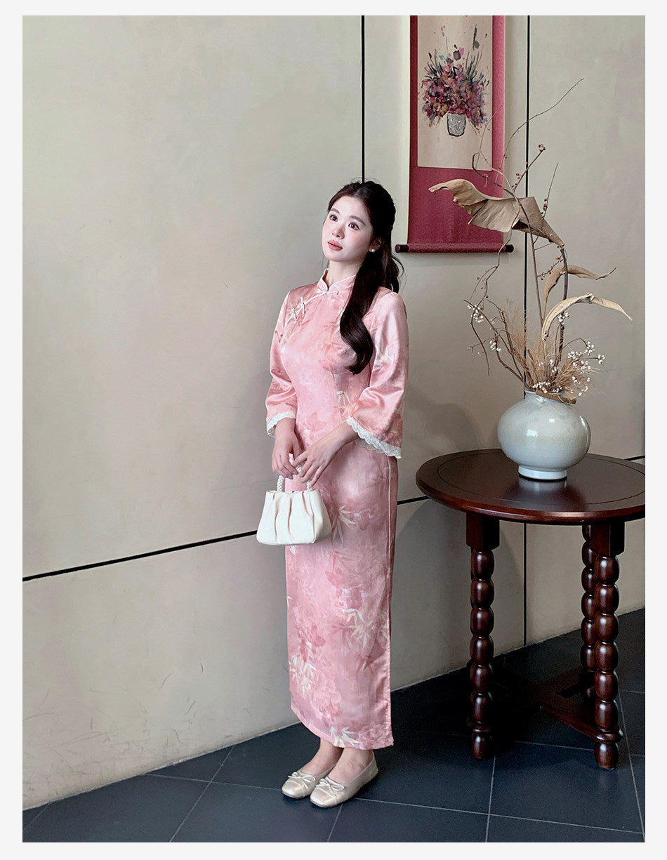 Blush Bamboo Botanical Qipao Dress | Neo-Chinese Cheongsam, Long Sleeve, Elegant Daily Wear, Botanical Motif