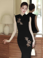 Midnight Bamboo Embroidered Cheongsam Dress | Sleek Black Qipao, Modern New Chinese Style