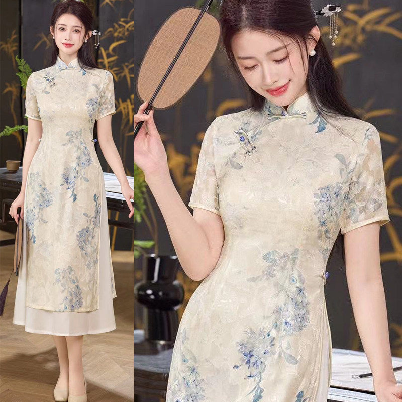 Yellow Botanical Qipao Dress | Neo-Chinese Cheongsam, Elegant A-Line Midi Dress, Nature-Inspired Occasion Wear (Copy) (Copy) (Copy) (Copy)