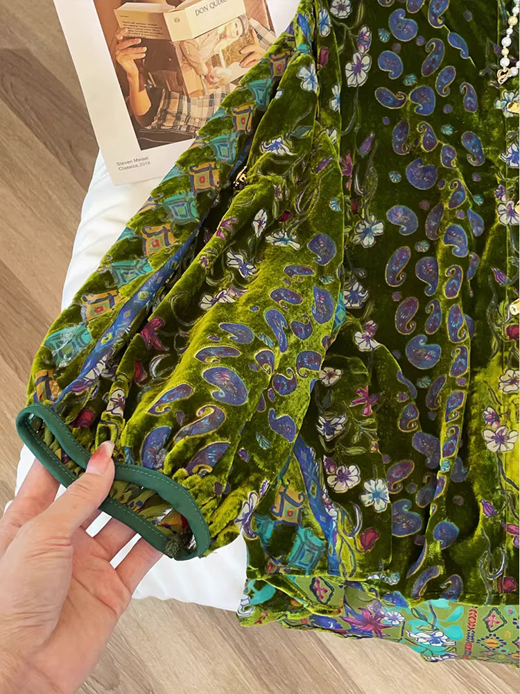 Emerald Velvet Mosaic: Lantern-Sleeve Vintage Blouse | Neo-Chinese Top, Lantern Sleeve, V-Neck, Botanical Velvet, Daily or Evening Wear