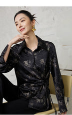 Neo-Oriental Ink Floral Wrap Blouse – Elegant Black Satin Top, Modern Chinese Style Shirt
