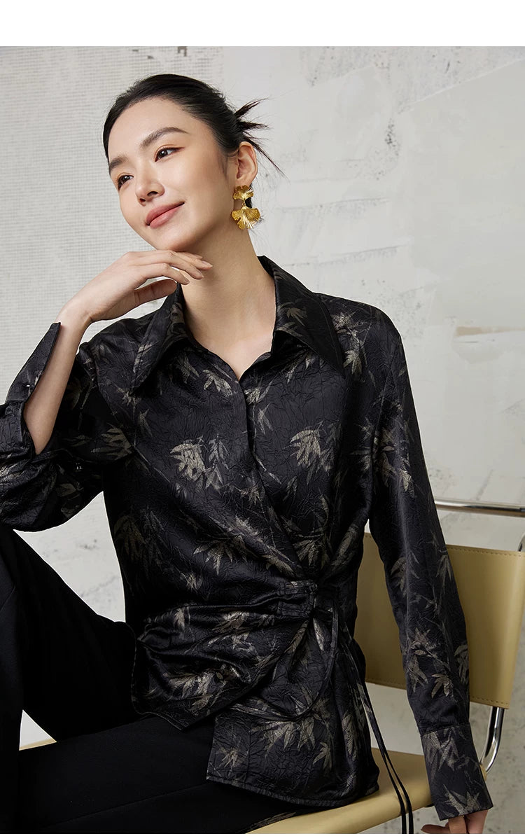 Neo-Oriental Ink Floral Wrap Blouse – Elegant Black Satin Top, Modern Chinese Style Shirt