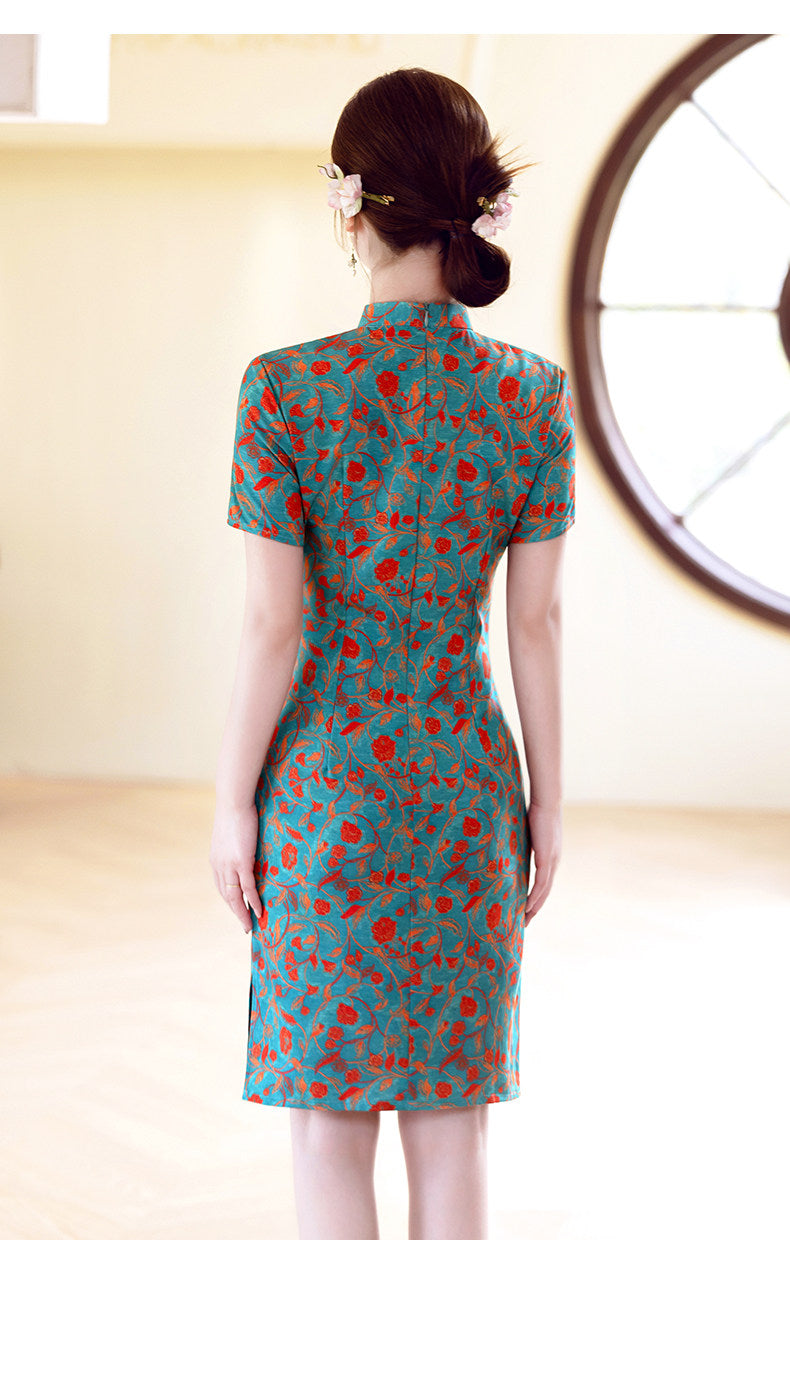 Teal & Red Floral Short-Sleeve Qipao Dress | Neo-Chinese Cheongsam, Modern Day-to-Evening Wear, Botanical Motif
