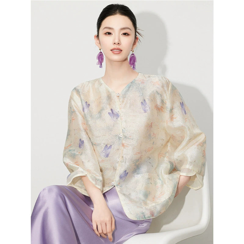 Ivory Butterfly Sheer Jacket | Neo-Chinese Layer, Airy Spring Outerwear, Botanical Butterfly Motif, Garden Party Wear