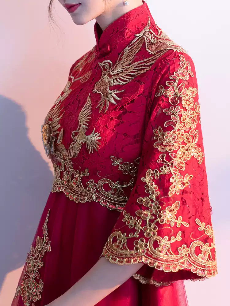 Mid-Length Traditional Red Phoenix Embroidered Bridal Gown | Traditional-Chinese Qipao, Wedding & Engagement Wear, Elegant Bridal Evening Dress (Copy)