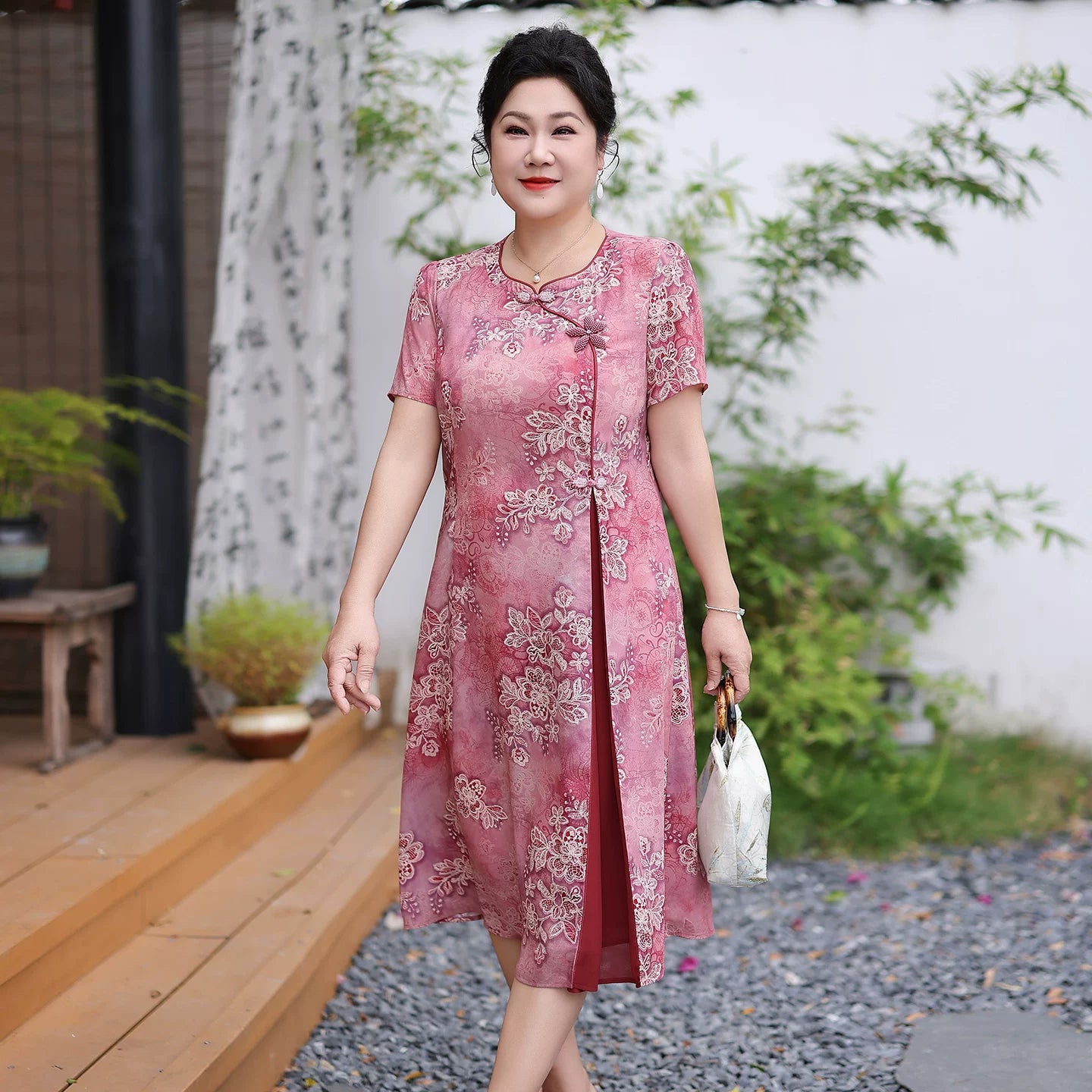 Plus Size Dusty Rose Qipao Dress | Floral A-Line Cheongsam, Neo-Chinese Midi Dress, Elegant Curvy Occasion Wear