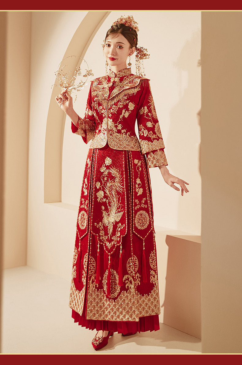 Long Red Phoenix Embroidered Two-Piece Wedding Qipao Set | Neo-Chinese Cheongsam, Modern Bridal Dress, Traditional Wedding & Engagement Wear
