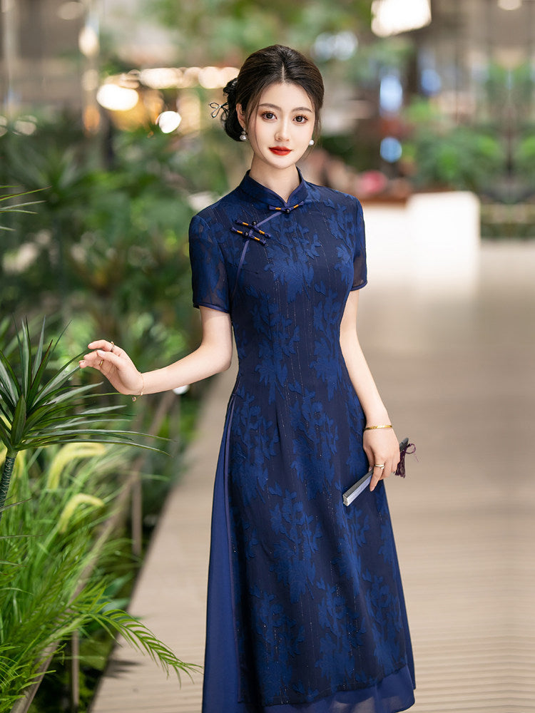 Blue Floral Qipao Dress | Neo-Chinese Cheongsam, Soft A-Line Midi Dress, Airy Sheer Overlay, Garden & Daywear