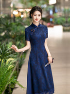 Blue Floral Qipao Dress | Neo-Chinese Cheongsam, Soft A-Line Midi Dress, Airy Sheer Overlay, Garden & Daywear