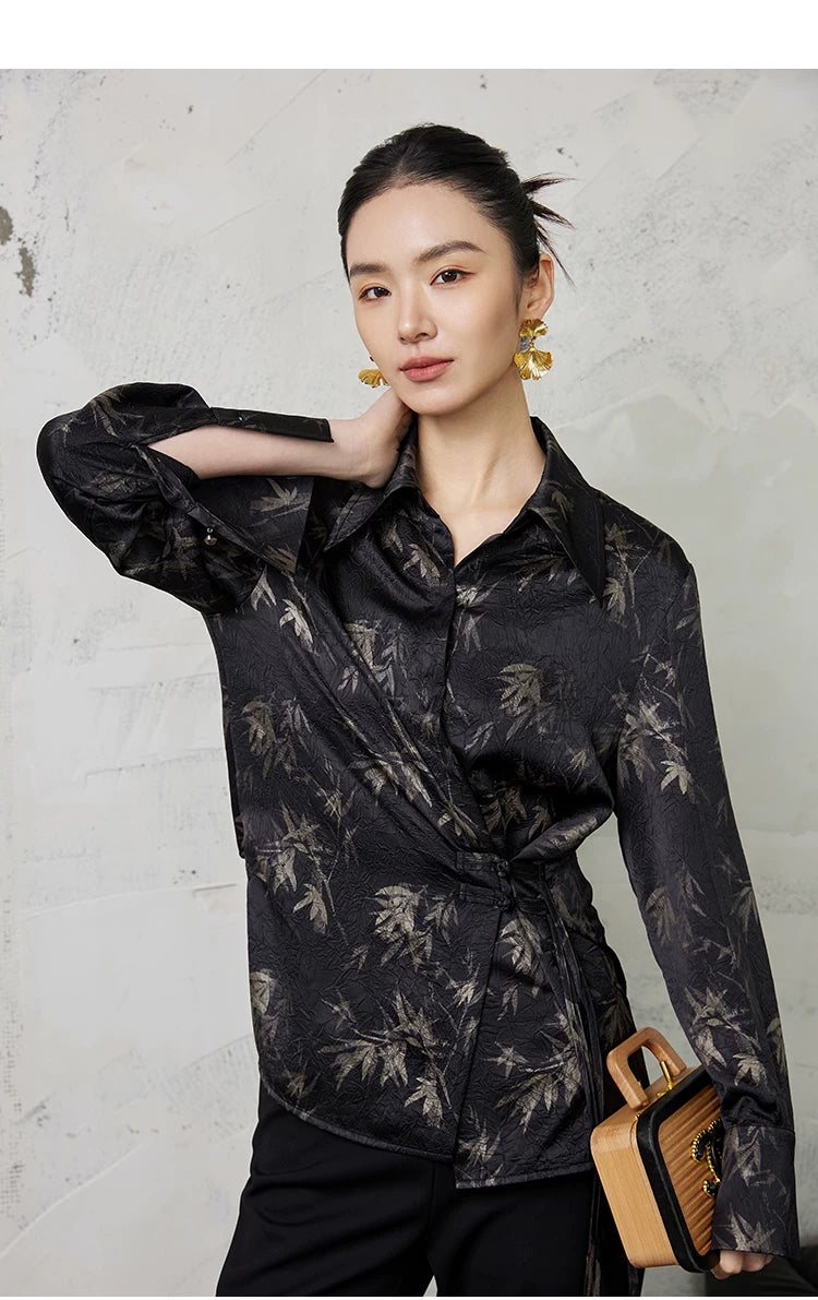 Neo-Oriental Ink Floral Wrap Blouse – Elegant Black Satin Top, Modern Chinese Style Shirt