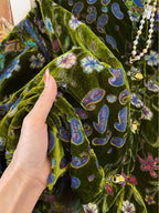 Emerald Velvet Mosaic: Lantern-Sleeve Vintage Blouse | Neo-Chinese Top, Lantern Sleeve, V-Neck, Botanical Velvet, Daily or Evening Wear