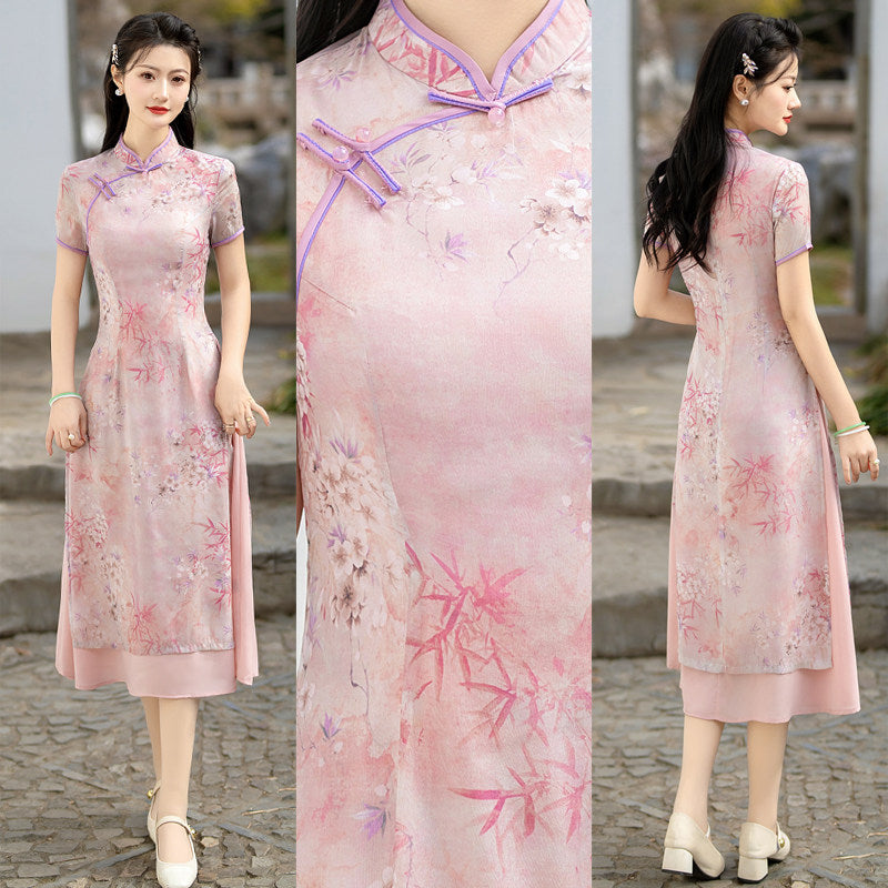 Pink Botanical Qipao Dress | Neo-Chinese Cheongsam, Elegant A-Line Midi Dress, Nature-Inspired Occasion Wear (Copy)