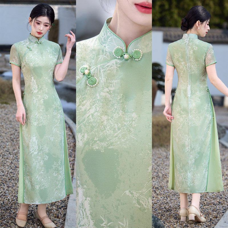 Sage Green Bamboo Long Ao Dai-Inspired Qipao Dress