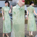 Sage Green Bamboo Long Ao Dai-Inspired Qipao Dress