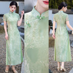 Sage Green Bamboo Long Ao Dai-Inspired Qipao Dress