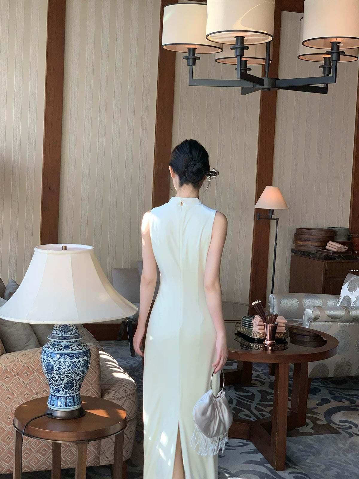 Ivory Lotus Embroidered Cheongsam Dress | Minimalist Qipao Gown, Elegant New Chinese Style