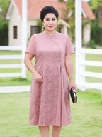 Plus Size Dusty Rose Qipao Dress | Floral A-Line Cheongsam, Neo-Chinese Midi Dress, Elegant Curvy Occasion Wear