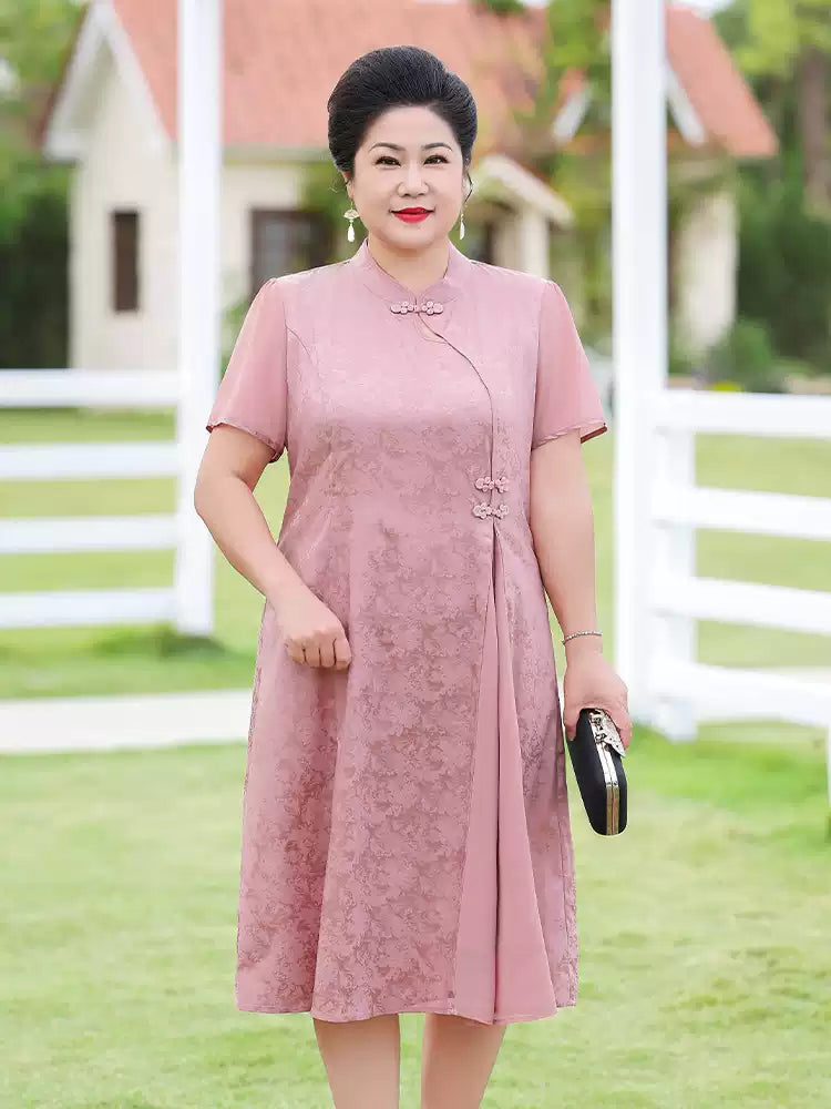 Plus Size Dusty Rose Qipao Dress | Floral A-Line Cheongsam, Neo-Chinese Midi Dress, Elegant Curvy Occasion Wear
